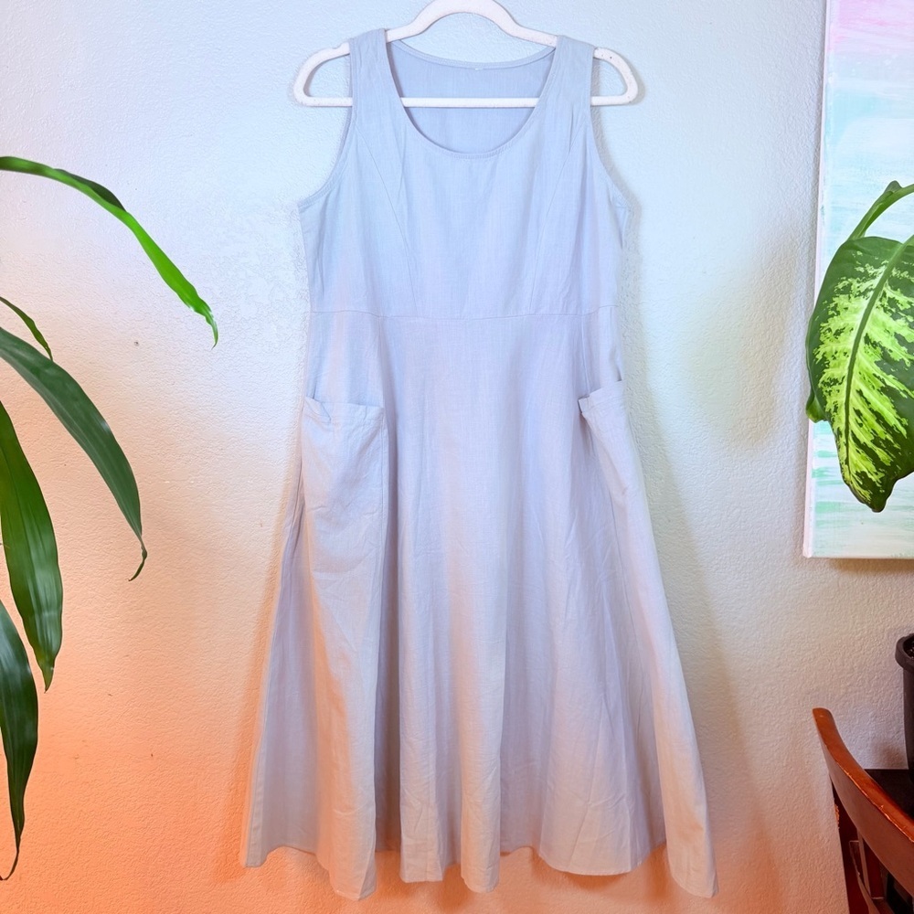 Linen Cotton Blend Pastel Blue Scoop Neck A Line Lightweight Coastal Dress L
